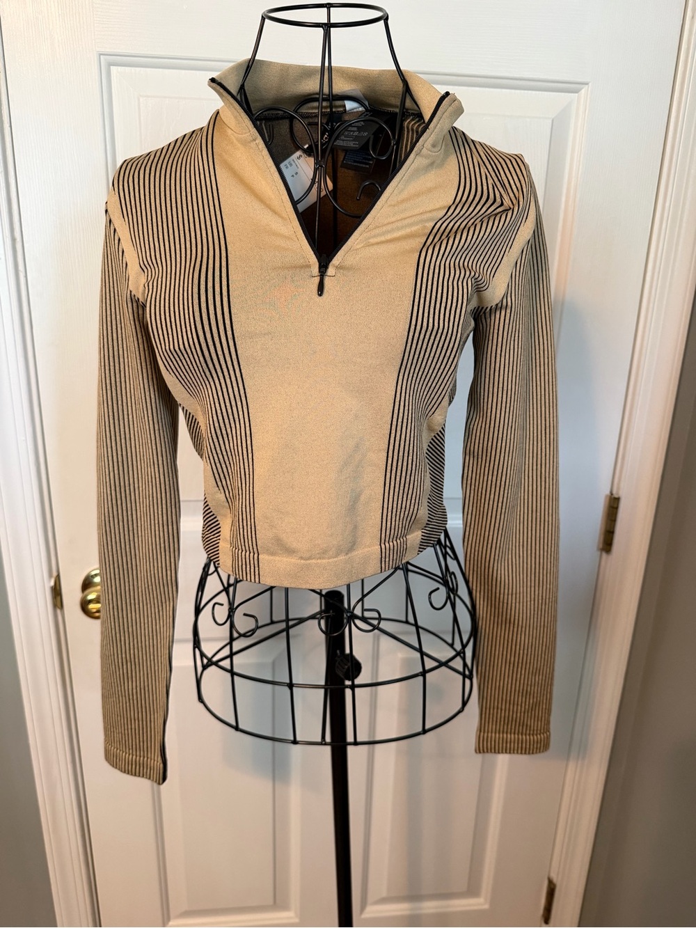 H&M Tan and Black Striped Half-Zip Pullover